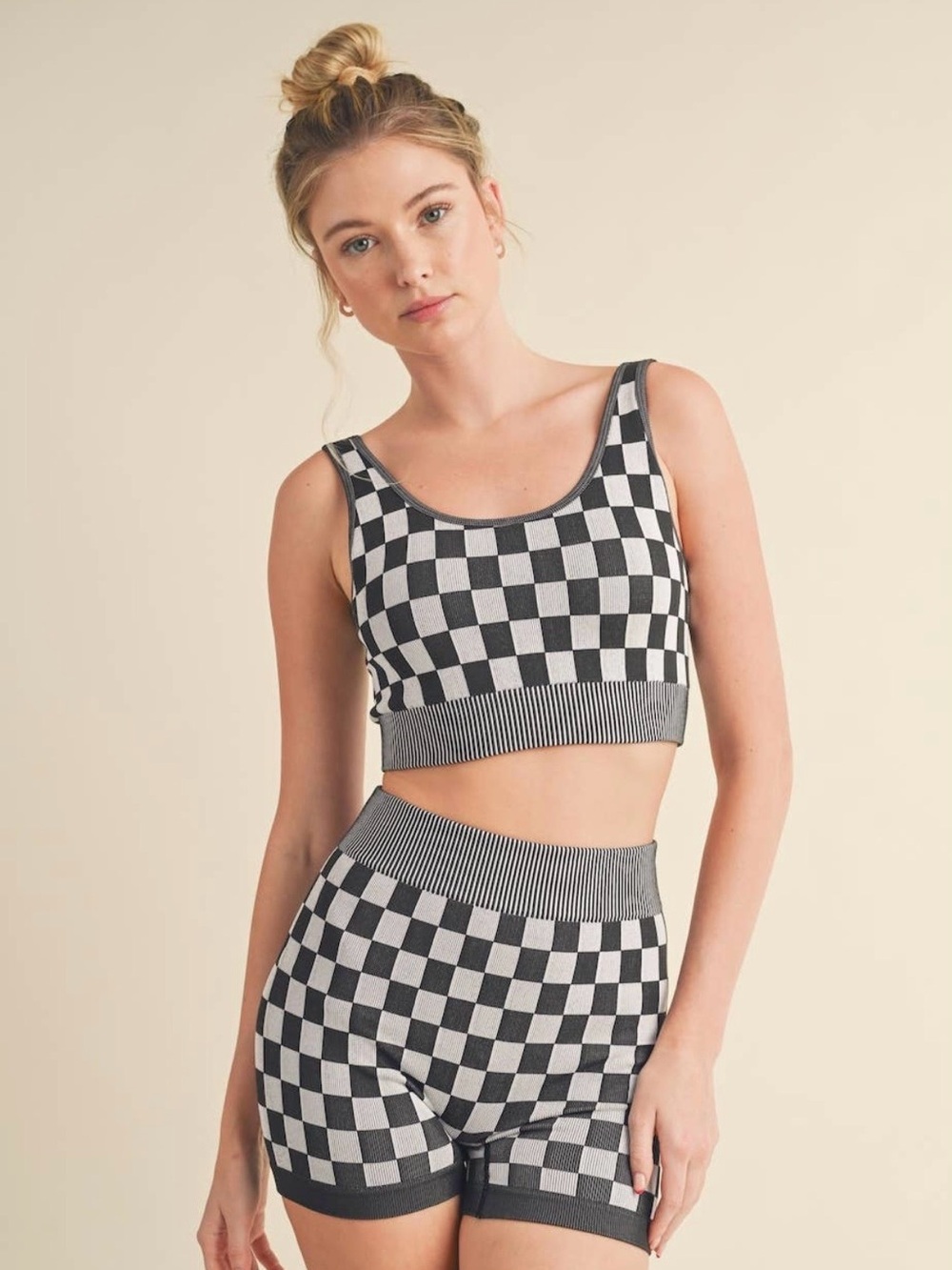 Kimberly C Checkerboard Sports Bralette and Shorts - Black & White